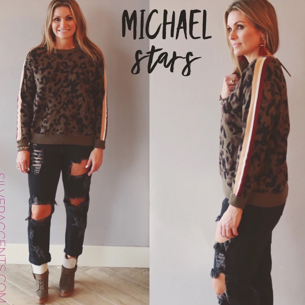 Michael Stars Camouflage Stripe Sleeve 100% Cotton Crew Neck Sweater